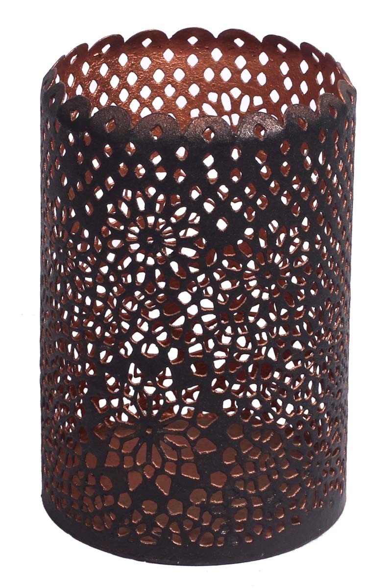 Handmade Tea-Light Candle Holder in Iron - Black & Copper Color Finish - Cylindrical Shaped - Abstract & Floral Motifs Cut-Out Patterning - Metal Votive Candle Stands - Table-Top Decorations - Buy in Bulk Wholesale